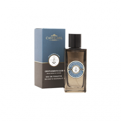 Frasco de perfume com caixa azul e castanha