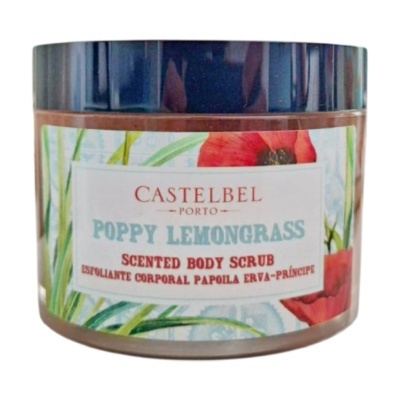 Esfoliante corporal Castelbel Porto Poppy Lemongrass com tampa preta e rótulo floral