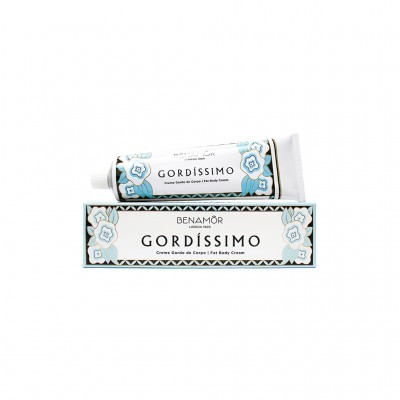 Creme gordo de corpo Benamôr Gordíssimo em embalagem branca com padrões florais azuis e verdes