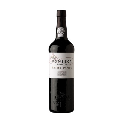Garrafa de vinho do Porto Fonseca Ruby Port com rótulo branco e selo no gargalo