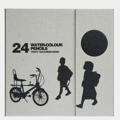 Caixa de lápis de aguarela cinzenta com ilustrações a preto