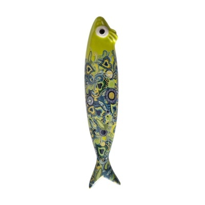 Estatueta decorativa em forma de peixe com padrão colorido