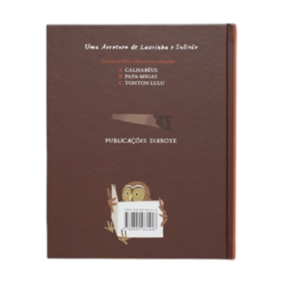 Capa traseira de livro castanho com texto, serra e coruja segurando código de barras