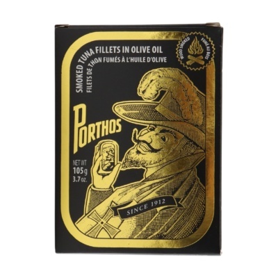 Embalagem preta e dourada de filetes de atum fumado em azeite Porthos