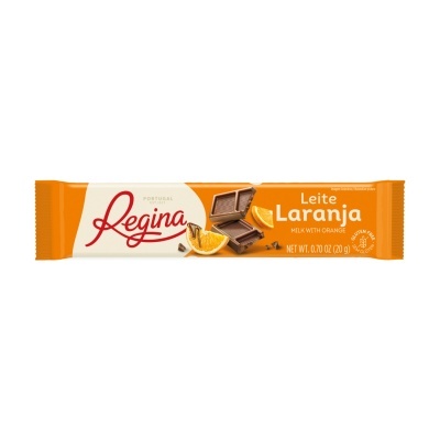 Barra de chocolate de leite com laranja Regina em embalagem laranja e creme