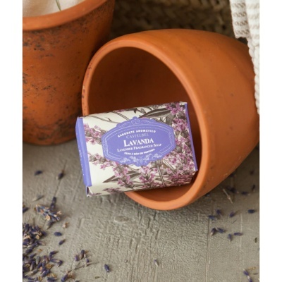 Sabonete Lavanda Castlebél dentro de vaso de barro com flores secas ao redor