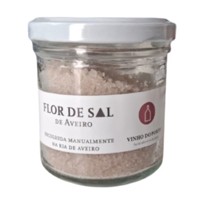 Frasco de flor de sal de Aveiro com etiqueta e tampa branca