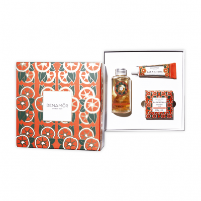 Conjunto de cosméticos Benamôr com óleo corporal, creme de mãos e sabonete em embalagem decorada colorida