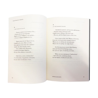 Livro aberto com texto impresso em português e inglês, incluindo título Camilo Pessanha | Clepsydra e WINTER LANDSCAPES
