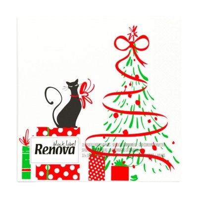 Guardanapo de papel com gato preto, caixas de presente vermelhas e árvore de Natal verde com fita vermelha.