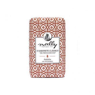 Sabonete clássico embalado com padrão geométrico castanho e branco, texto Nally Portugal 1935 e descrição do produto.