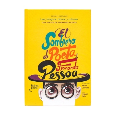 Capa de livro amarelo com desenho de rosto e texto colorido