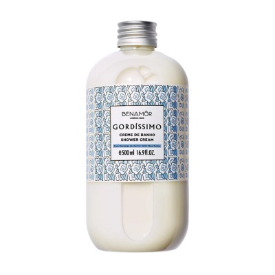 Frasco de creme de banho Benamôr Gordíssimo com rótulo floral azul e branco
