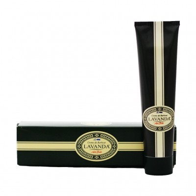 Creme de barbear Lavanda em tubo e caixa pretos com faixas creme e rótulos ovals