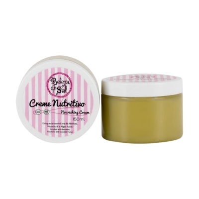 Pote de creme nutritivo Beleza do Sal com tampa branca e etiqueta rosa às riscas