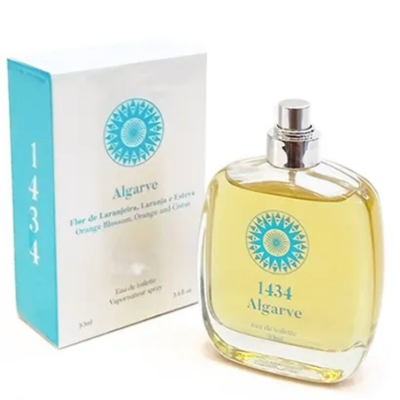 Frasco de perfume Algarve com caixa branca e azul