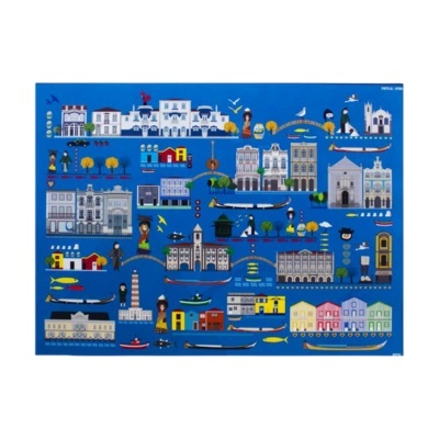 Tapete azul com ilustrações de edifícios, barcos e pessoas.