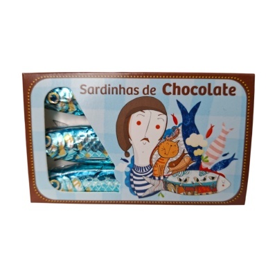 Caixa de Sardinhas de Chocolate com ilustração e sardinhas embrulhadas em folha metálica azul