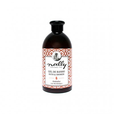 Garrafa de gel de banho e duche Nally Amêndoas com padrão geométrico vermelho e branco