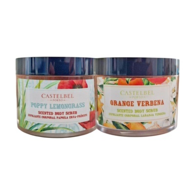 Dois frascos de esfoliante corporal Castbel Porto com rótulos coloridos e tampas azuis