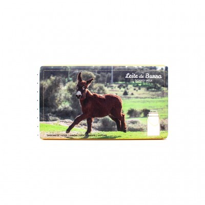 Sabonete com imagem de burro e texto Leite de Burra Donkey Milk