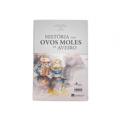 Capa de livro branco com título sobre ovos moles de Aveiro e ilustração colorida de ovos moles