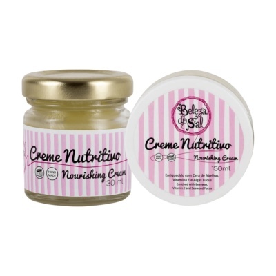 Duas embalagens de creme nutritivo com rótulos rosa e branco às riscas