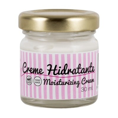 Frasco de creme hidratante com rótulo rosa e branco