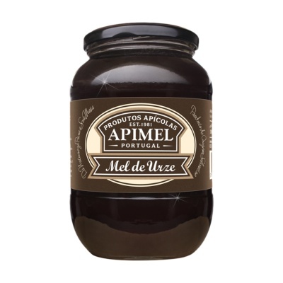 Frasco de mel de urze Apimel Portugal com rótulo castanho e tampa preta
