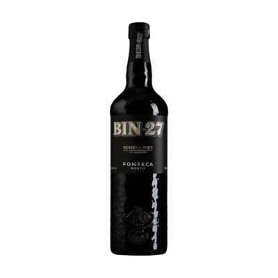 Garrafa de vinho do Porto Fonseca BIN Nº 27 Reserve Port com rótulo preto