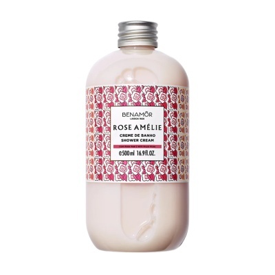 Frasco de creme de banho com rótulo floral rosa e branco