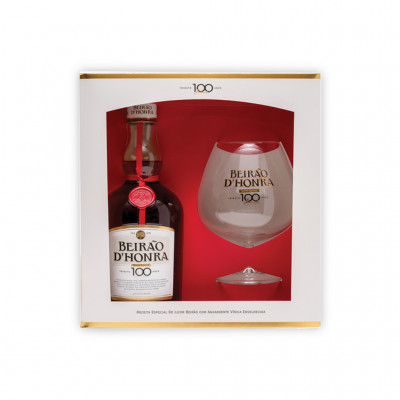 Conjunto presente Beirão D'Honra 100 anos com garrafa e copo em caixa