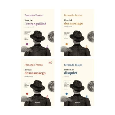 Quatro capas de livros de Fernando Pessoa em diferentes idiomas, com ilustração idêntica em fundo branco