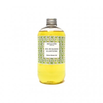 Frasco de gel de banho amarelo com rótulo branco e verde