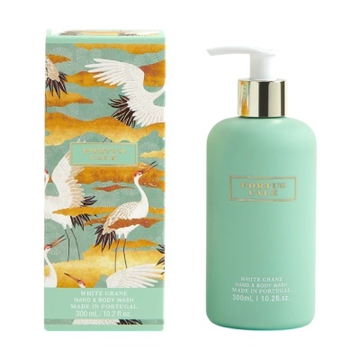 Frasco verde água e caixa decorada com emas brancas do sabonete líquido PORTUS CALE White Crane Hand & Body Wash