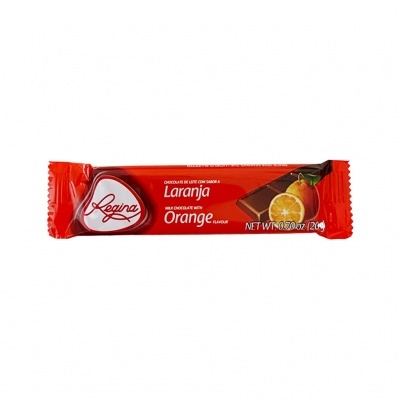 Barra de chocolate ao leite sabor laranja embalagem vermelha