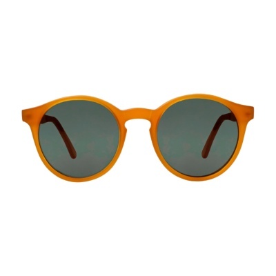 Óculos de sol redondos com armação laranja e lentes escuras