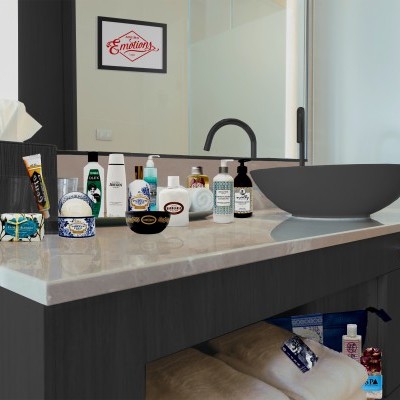 Balconete de casa de banho com pia e produtos de higiene pessoal