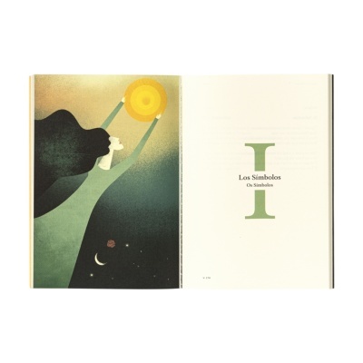 Livro aberto com ilustração de mulher segurando círculo amarelo e texto Los Símbolos Os Símbolos