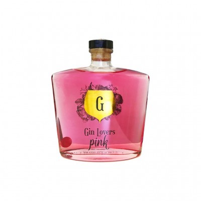 Garrafa de gin cor de rosa com rótulo e tampa preta