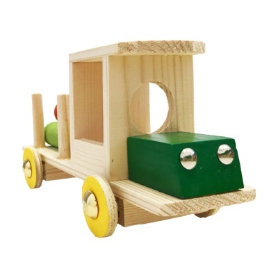 Brinquedo carrinho de madeira com rodas amarelas e frente verde