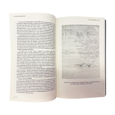 Página aberta de livro com texto em português e desenho a lápis de menu antigo