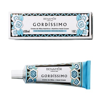 Creme de mãos Gordíssimo da Benamôr em tubo e caixa com design floral azul e branco