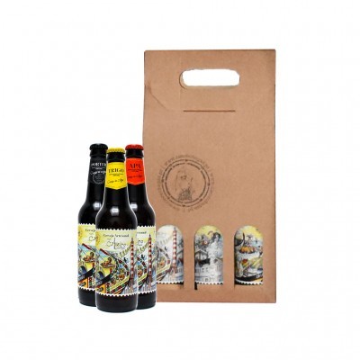 Conjunto de três garrafas de cerveja em caixa castanha com alça e janelas