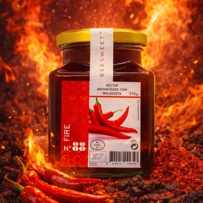 Frasco de néctar aromatizado com malagueta sobre carvão em brasa e fogo ao fundo