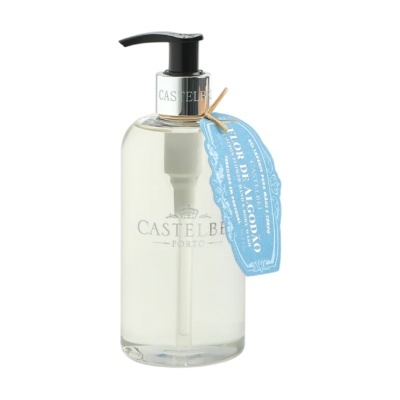 Frasco de dispensador transparente com líquido e etiquetas CASTELBEL e FLOR DE ALGODÃO