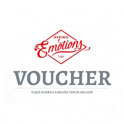 Logotipo Aveiro Emotions Loja com a palavra Voucher e lema da região