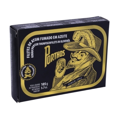 Embalagem preta e dourada de filetes de atum fumado em azeite Porthos