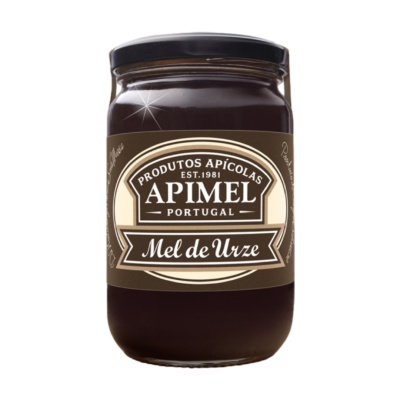 Frasco de mel de urze Apimel com rótulo castanho e bege