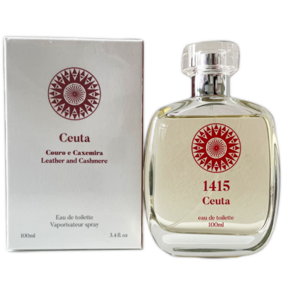 Frasco e caixa de perfume Eau de Toilette Ceuta 100ml com design branco e vermelho